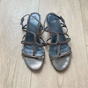 Stuart Weitzman Silver Leather Snake Printed Strappy Sandals 10